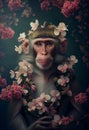 Monkey creative portrait with many colorful flowers. Generative AI