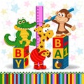 Monkey and crocodile measure the growth of a giraffe Royalty Free Stock Photo