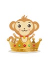 Monkey In The Crown. Cute Vector Monkey. Gold Crown. Animal Vector. Monkey Crown Emoji.