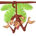 Cute Monkey Chimpanzee Hanging On Wood Branch Flat Bright Color Simplified Vector Illustration.