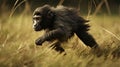 Intense Expressions: Photo-realistic Infant Chimpanzee Running Through Tall Grass