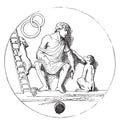 Monkey and dog trained by a juggler, vintage engraving Royalty Free Stock Photo