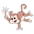 Monkey doing acrobatics holding fireworks, doodle icon image kawaii