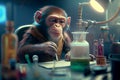 Monkey doing experiments in lab. Illustration of a Curious Monkey Conducting a Laboratory Experiment
