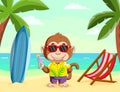 The monkey doing the vacation in the beach and holding the orange juice with the beautiful view