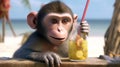 Monkey drinking juice. cute monkey with lemonade on the beach. generative ai