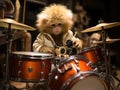 Monkey drumming on tiny drum set