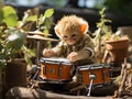 Monkey drumming on tiny drum set