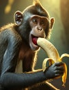 Monkey eating a banana in the jungle