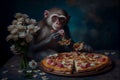 Monkey eating pizza, creative art portrait. Generative AI