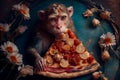 Monkey eating pizza, creative art portrait. Generative AI