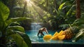 Monkey Enjoying a Tropical Fruit Platter by the Waterfall in a Lush Jungle Royalty Free Stock Photo