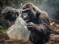 monkey fighting with a plastic bag