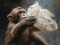 monkey fighting with a plastic bag