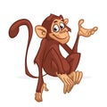 Funny cartoon monkey sitting and presenting. Vector illustration of chimpanzee scratching his head