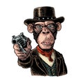 Monkey gentleman holding revolver and dressed hat, suit, waistcoat. Engraving