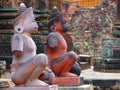 2 Monkey god statues at steps to Banteay Srei temple in Ankor, Cambodia