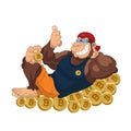 Monkey gorilla lies on coins bitcoin, shows thumbs up, cartoon o