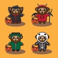 Cute Monkey Halloween cartoon set. Royalty Free Stock Photo