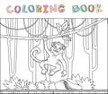 Monkey hanging on a jungle vine in rainforest. Jungle animal character. Contour vector illustration for coloring book Royalty Free Stock Photo