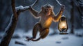 Adorable Snow Monkey Holding a Lantern in Winter Royalty Free Stock Photo