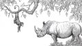 Monkey hanging from tree branch observing a rhinoceros in a forest setting Royalty Free Stock Photo