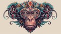 Monkey head with colorful tribal patterns depicted realistically. Royalty Free Stock Photo