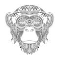 Monkey head coloring book illustration. Black and white lines.