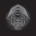 monkey head detail illustration smoking and wearing a hat black and white