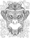 Monkey Head Facing Front With Leaves Background Colorless Line Drawing. Large Chimpanzee Face Looking Forward Coloring