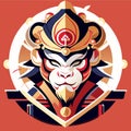 Monkey head in a Japanese costume on a red background. Vector illustration AI generated