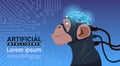 Monkey Head With Modern Cyborg Brain Over Circuit Motherboard Background Artificial Intelligence Concept