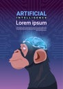 Monkey Head With Modern Cyborg Brain Over Circuit Motherboard Background Vertical Banner Artificial Intelligence Concept