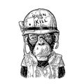 Monkey with helmet, glasses, peace sign, lettering Born to kill