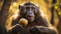 Golden Langur Monkey Holding Fruit in Sunlight, Close-Up Portrait Royalty Free Stock Photo
