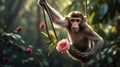 Adorable Baby Monkey on a Swing with Pink Rose Royalty Free Stock Photo