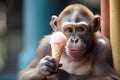 monkey holding a stolen ice cream cone at a zoo