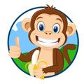 Monkey holds a ripe banana and shows a like, logo on a white background.