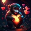 Monkey hugging heart Chimpanzee with a heart in his hands. Valentine\'s Day. generative AI animal ai