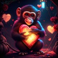 Monkey hugging heart Chimpanzee with heart in his hands. Valentine\'s day. generative AI animal ai