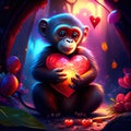 Monkey hugging heart Chimpanzee with red heart in his hands. Valentine\'s day card. AI generated animal ai