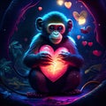 Monkey hugging heart Chimpanzee with a red heart in his hands. Valentine\'s day card. generative AI animal ai