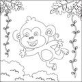 The monkey jumps on branches and vines. Cheerful monkey.