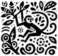 Monkey in the jungle, black and white illustration, vector art Royalty Free Stock Photo