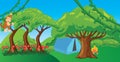 Monkey in jungle cartoon forest illustration ape hanging tree Royalty Free Stock Photo