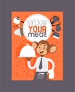 Monkey like people character vector illustration. Wild cartoon animal playing cooking and eating meal. professional