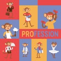 Monkey like people profession character vector illustration. Wild cartoon animal recruiter application landing page