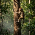 A monkey, likely a macaque, clings to a tree trunk in a dense forest setting. The Royalty Free Stock Photo