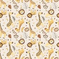 Seamless repeating wildlife pattern, seamless lion and giraffe, Digital file for commercial use. Bohemian summer. Royalty Free Stock Photo