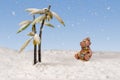 monkey looks at the snow falling from the sky near the snow-covered palm trees